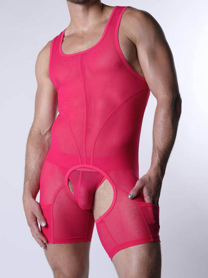 Person wearing a bright pink bodysuit against a white background