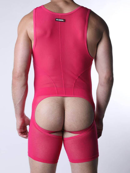 Person wearing a bright pink bodysuit on a white background