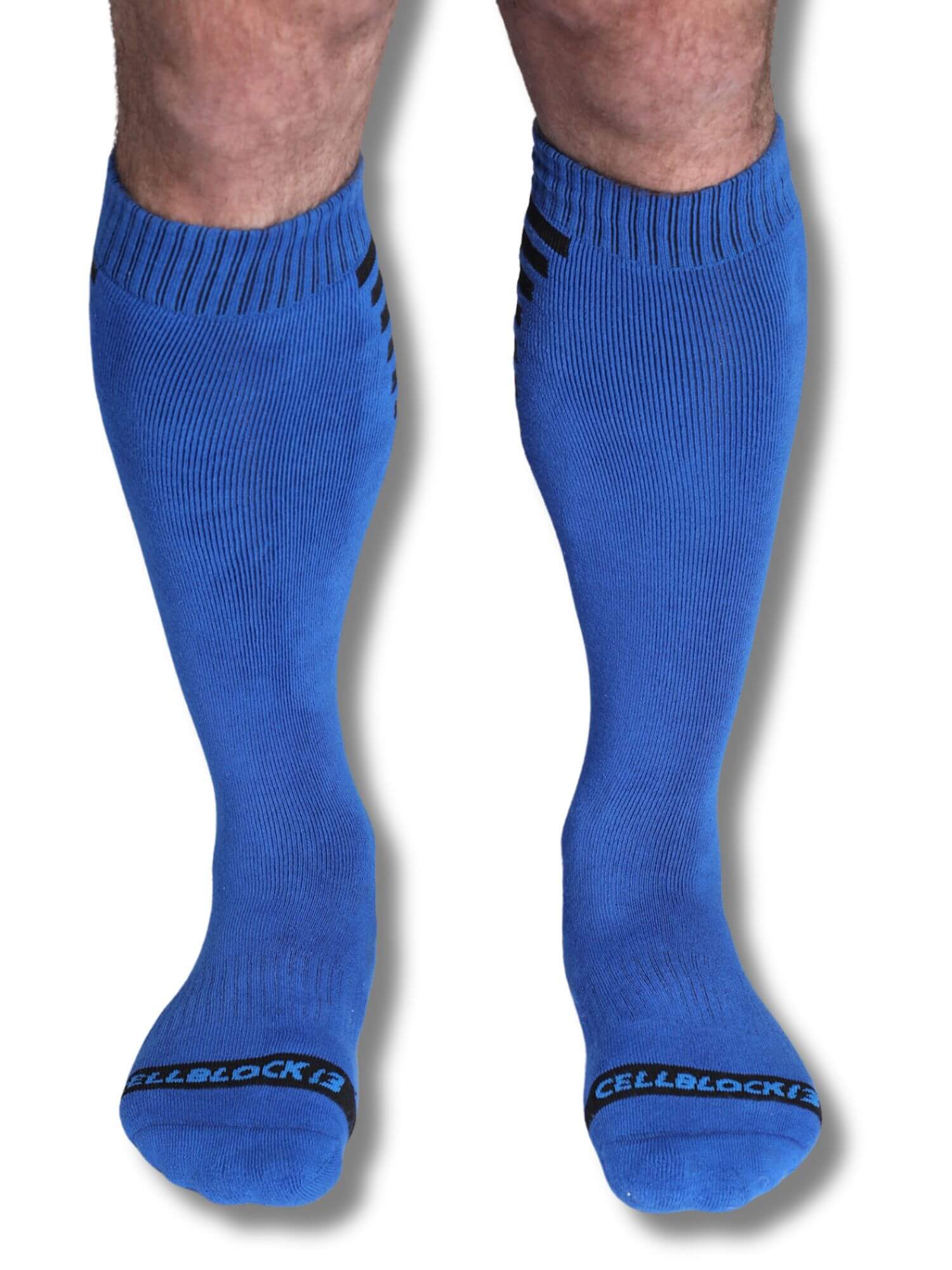 Blue knee-high socks with a brand logo on a white background