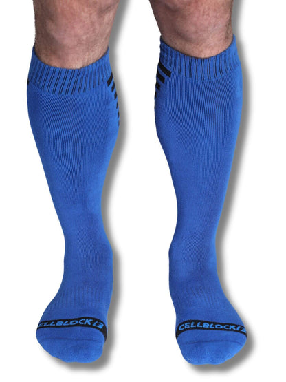 Blue knee-high socks with a brand logo on a white background