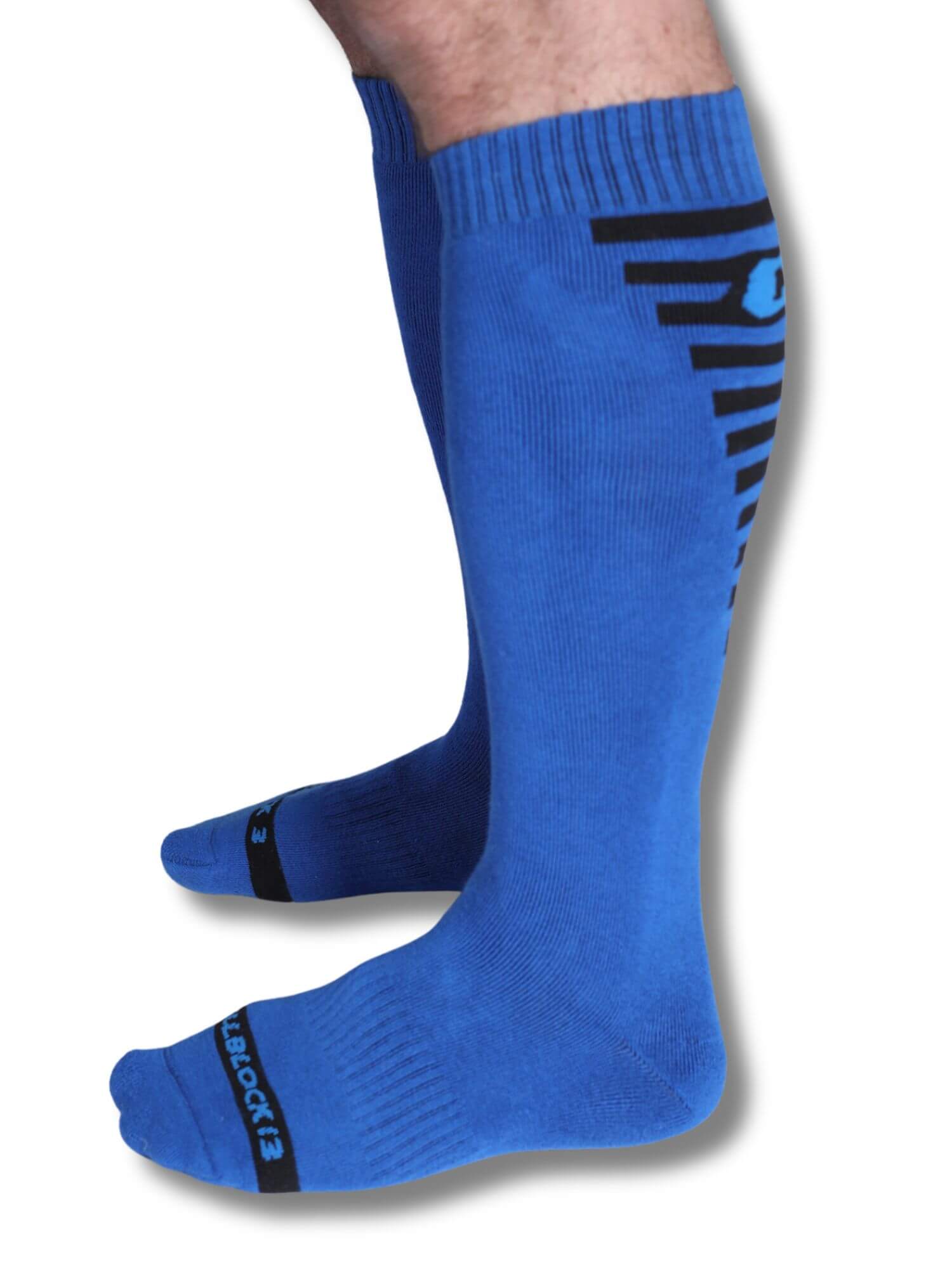 Blue knee-high socks with a logo on a white background