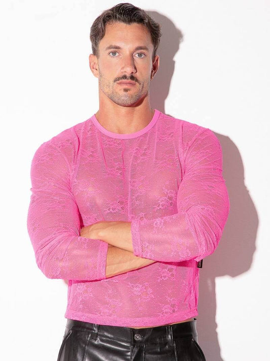 code22 pink sheer see through lace long sleeved top