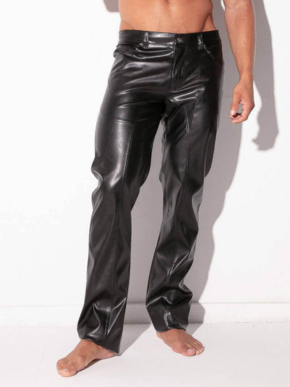 CODE22 Men's black faux leather pants with pockets, belt loops & zip-up button fly