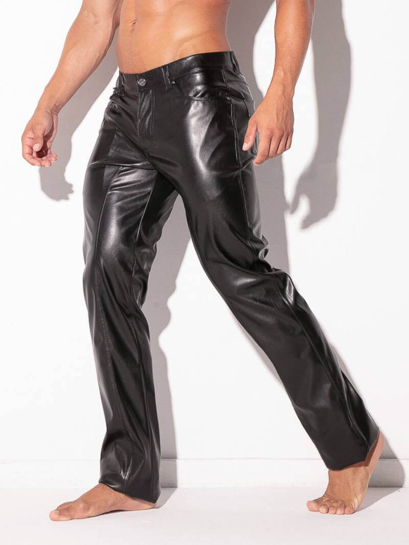 CODE22 men's black leatherette pants with pockets, belt loops & zip-up button fly