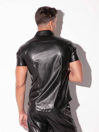 code22 mens leather look short sleeved zip-through shirt in black