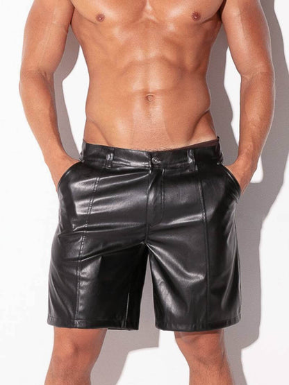 code22 men's leather look black shorts with pockets & belt loops