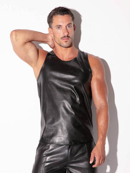 men's code22 sleeveless leatherette shiny black tank top