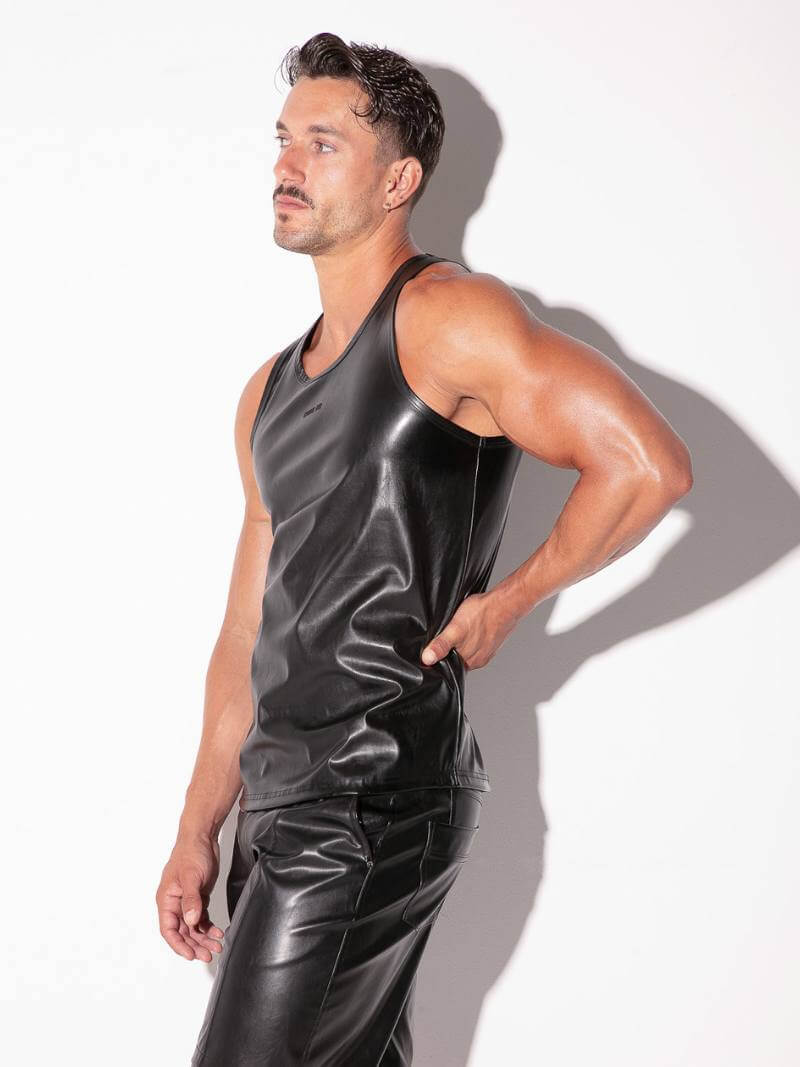 men's code22 sleeveless leatherette shiny black tank top