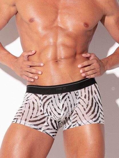 Person wearing zebra print boxer briefs on a neutral background