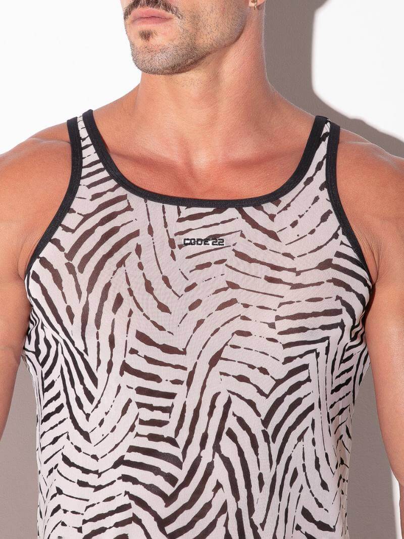 code 22 men's savanna zebra print semi-see through tank top