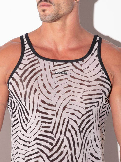 code 22 men's savanna zebra print semi-see through tank top