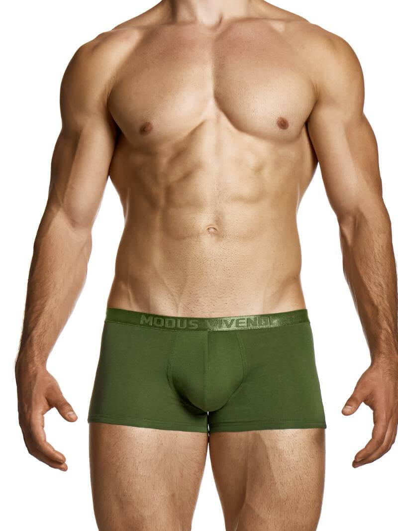 Man wearing green underwear with 'Modus Vivendi' brand logo on a white background
