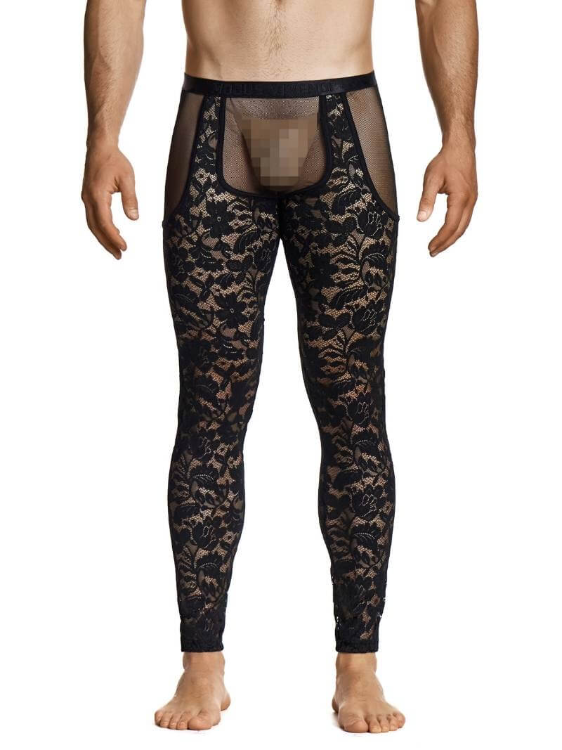 Man wearing black lace pants on a white background