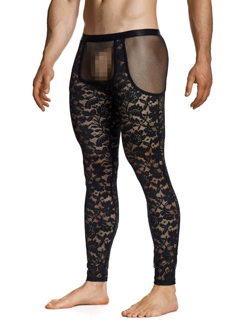 Man wearing black lace pants on a white background