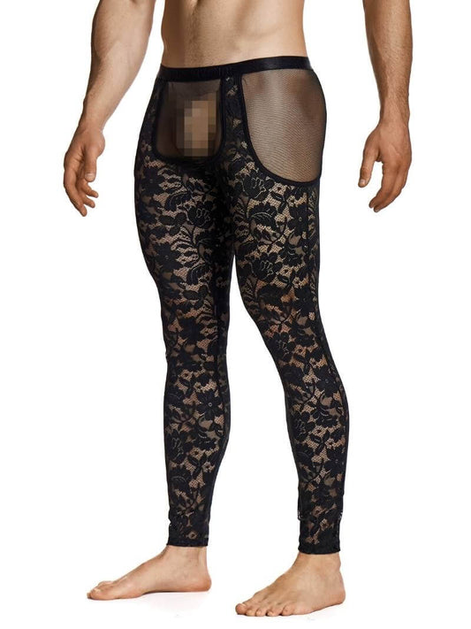 Man wearing black lace pants on a white background