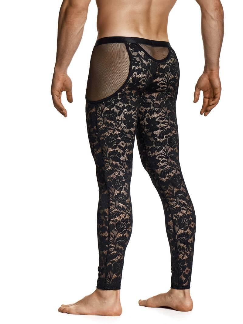 Black lace men's leggings on a white background