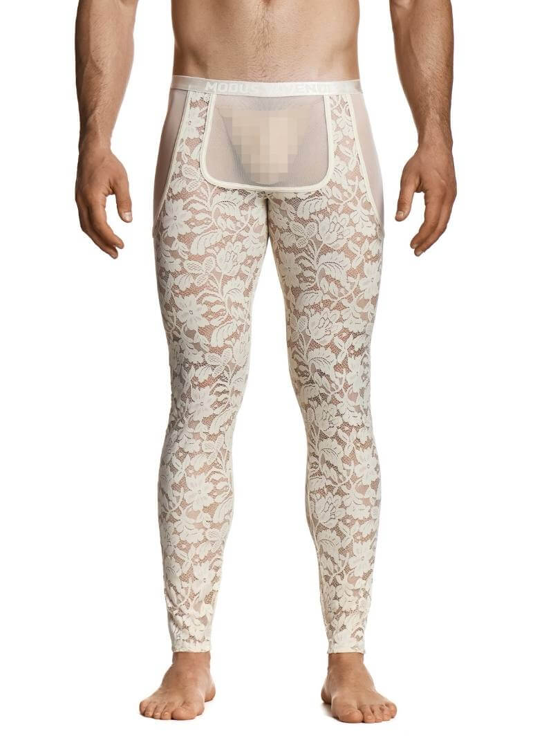 Man wearing a floral-patterned men's underwear set on a white background