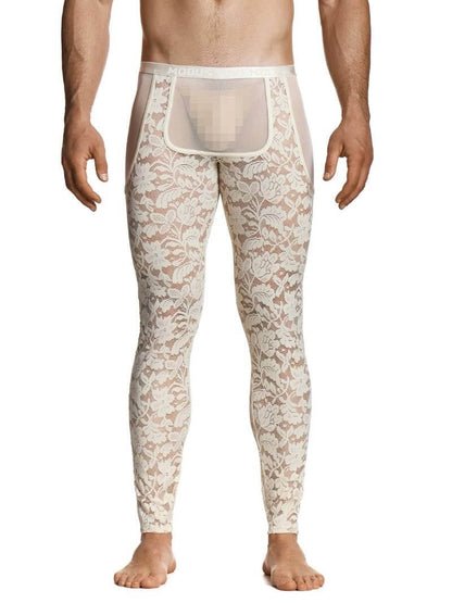 Man wearing a floral-patterned men's underwear set on a white background