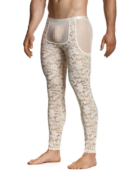 Man wearing a floral lace thong on a white background