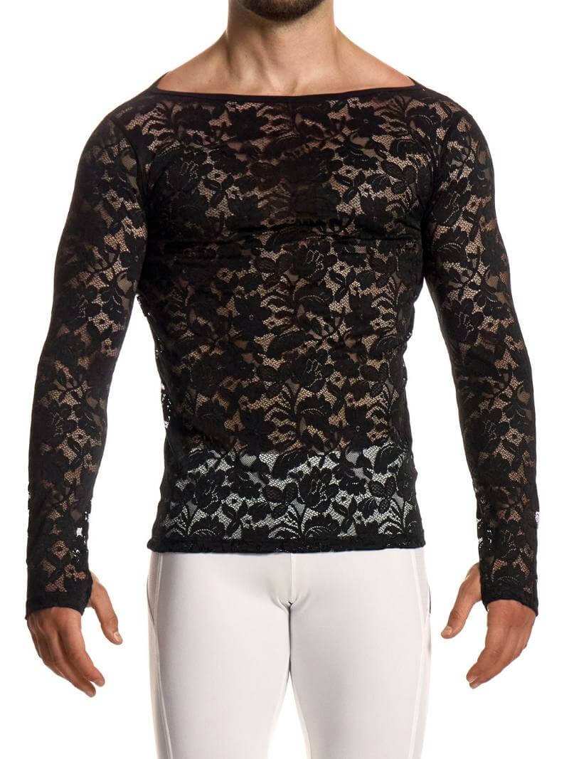 Black lace long-sleeve top worn by a person on a white background