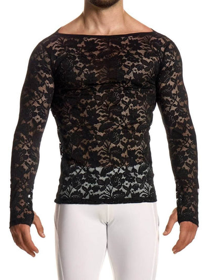 Black lace long-sleeve top worn by a person on a white background