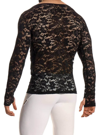 Black lace long-sleeve top worn by a person on a white background