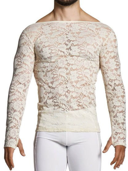 Man wearing a beige lace long-sleeve top and white pants on a white background