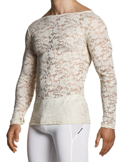 Long-sleeve lace top worn by a person on a white background
