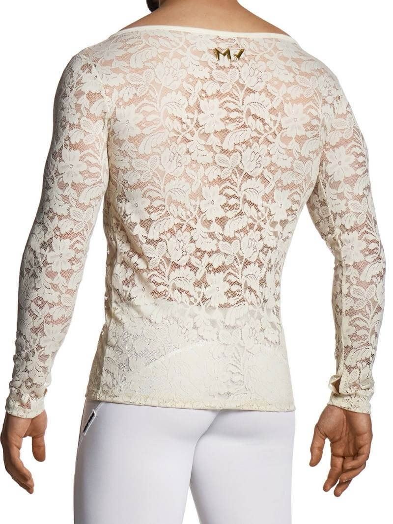 Lace long-sleeve top worn by a person on a white background