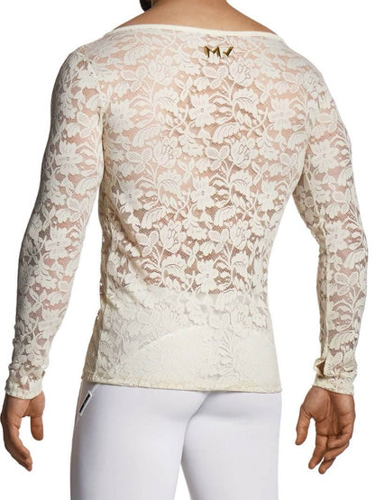 Lace long-sleeve top worn by a person on a white background