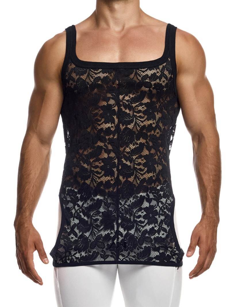 Man wearing a black lace tank top on a white background