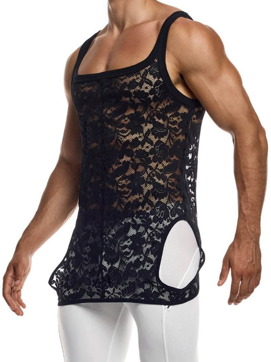 Person wearing a black lace tank top with cut-out design on a white background