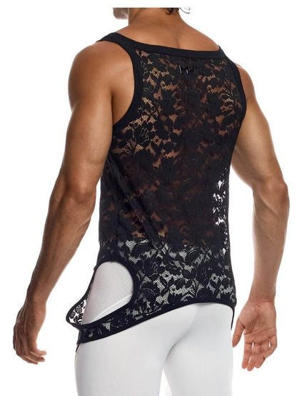 Person wearing a black lace tank top with cut-out design on a white background