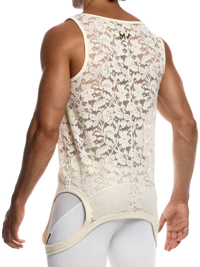 Beige lace tank top worn by a person on a white background