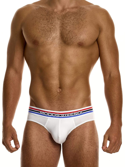 Man wearing a white men's underwear with a brand logo on a white background