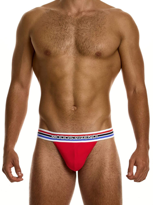 Red men's underwear with a brand logo on a white background