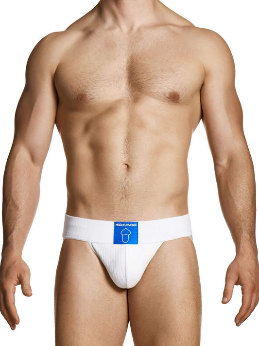 White men's underwear with a blue label on a white background