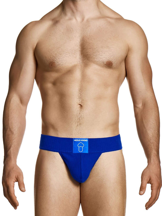 Man wearing a blue men's underwear with a visible brand logo on a white background