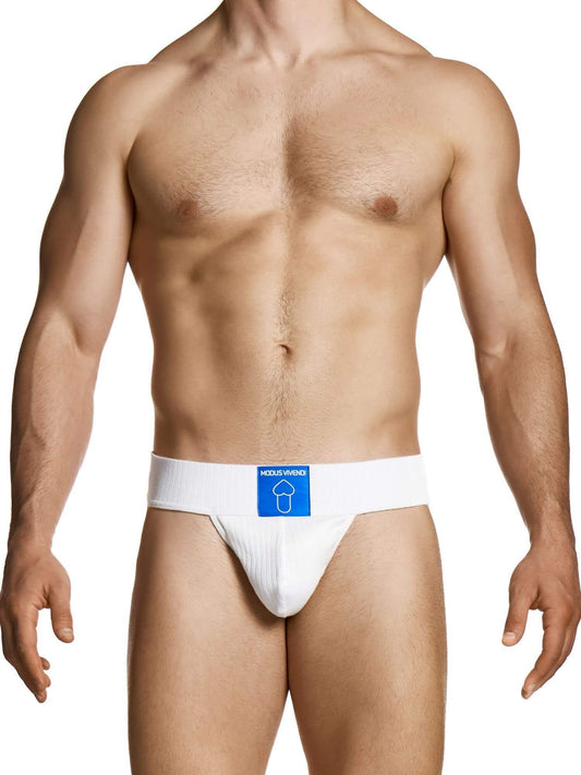 Man wearing a white athletic supporter with a blue label on a white background