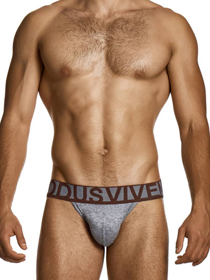 Man wearing a gray thong with a brand logo on a white background