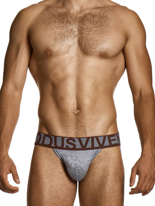 Man wearing a gray thong with a brand logo on a white background