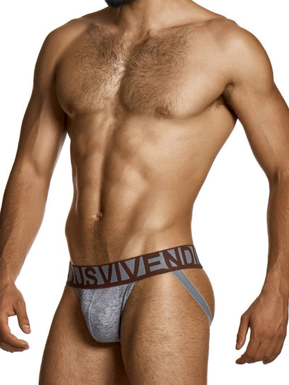 Man wearing a gray men's underwear with a visible brand logo on a white background