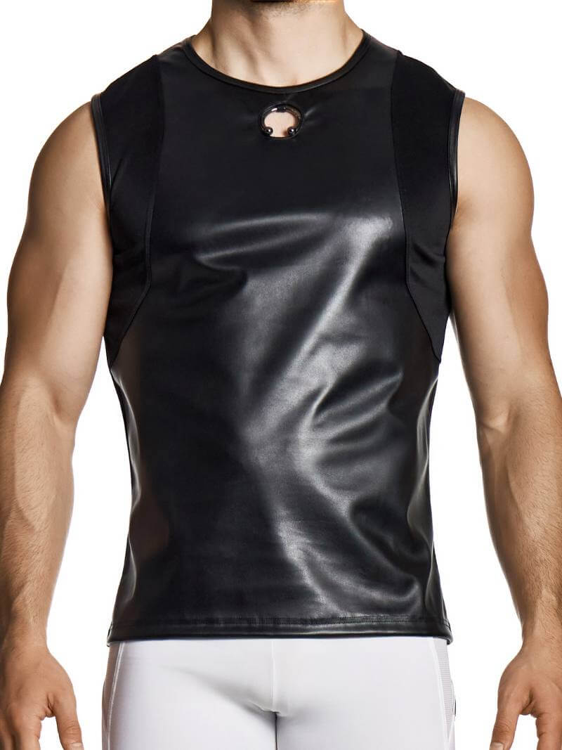 Black sleeveless shirt worn by a person on a white background