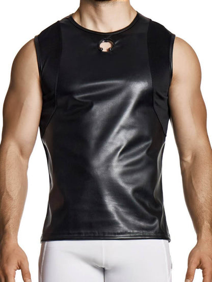 Black sleeveless shirt worn by a person on a white background