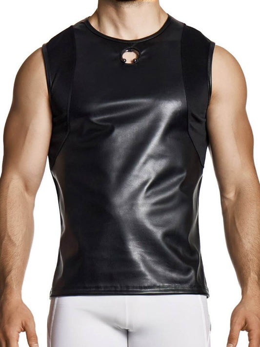 Black sleeveless shirt worn by a person on a white background
