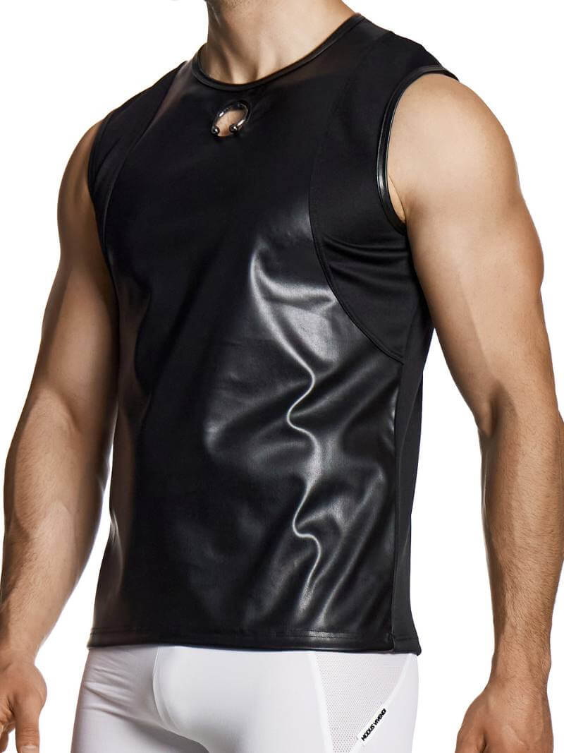 Black sleeveless athletic shirt worn by a person on a white background
