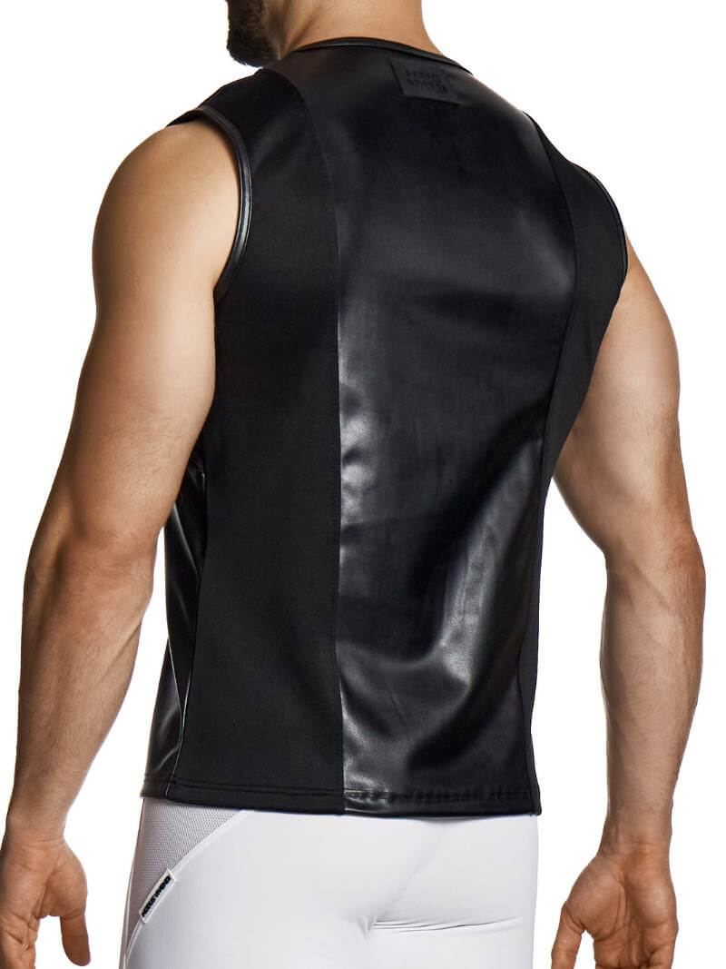 Black sleeveless leather vest worn by a person on a white background