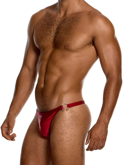 Man wearing a red swim suit on a white background