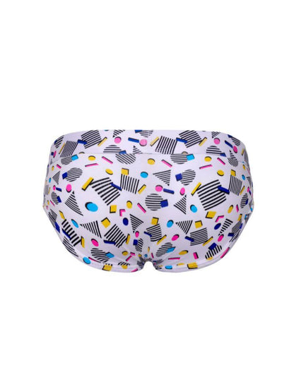 Colorful patterned swim briefs on a white background