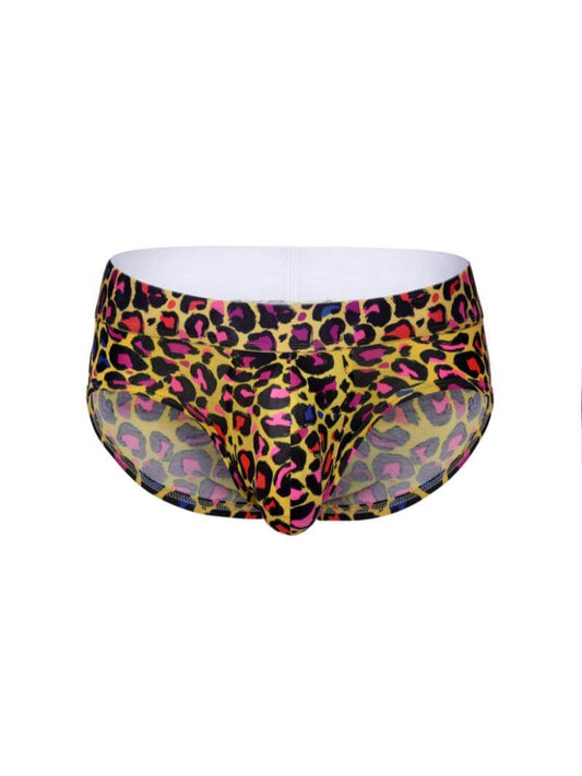 Leopard print swim briefs on a white background